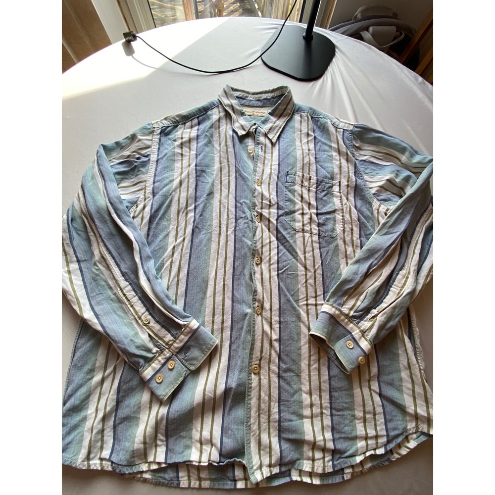 Tommy Bahama Mens Large Blue Green Striped Tencel Lyocell Button Down Shirt
